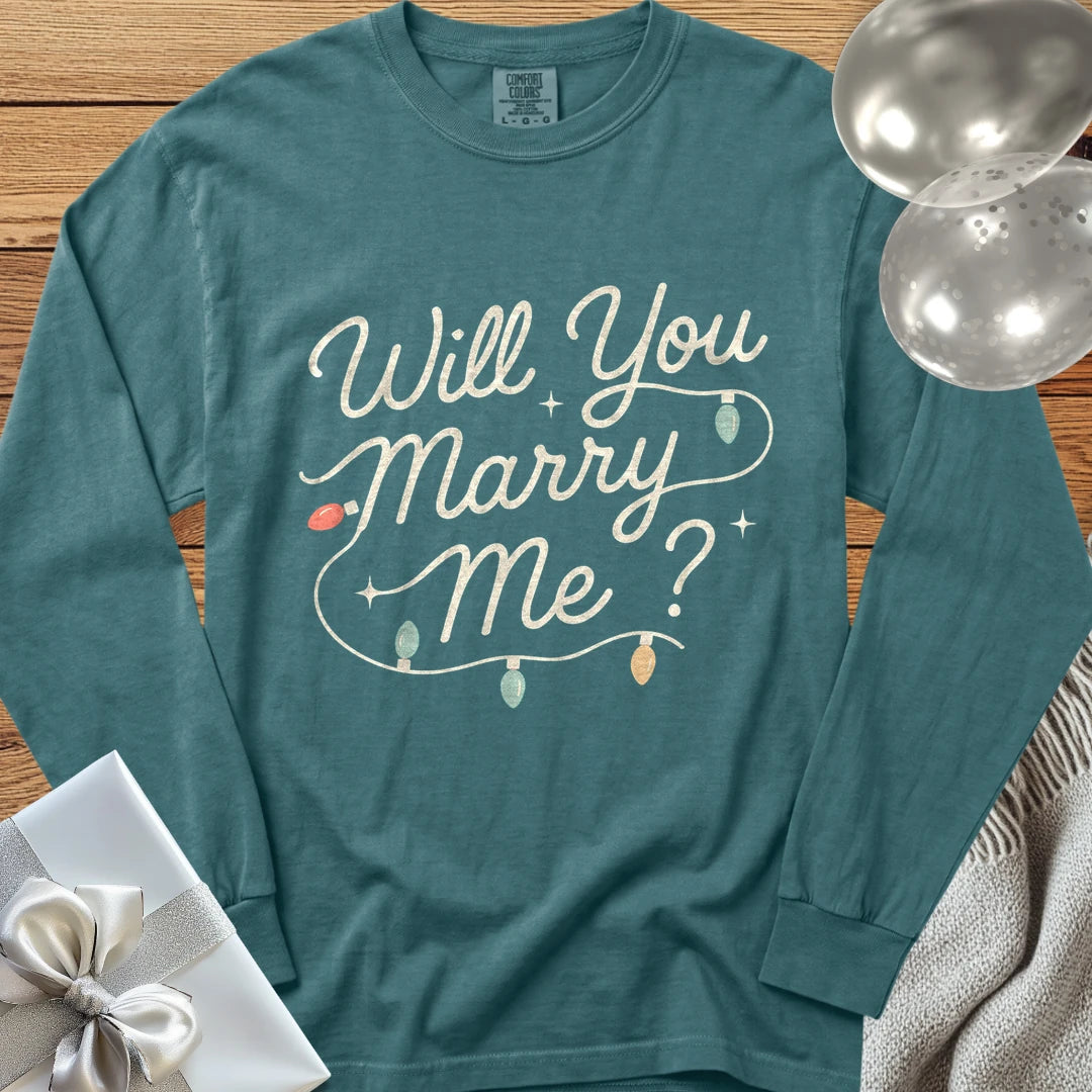 Will You Marry Me? (Christmas Lights) - Premium Christmas Proposal Long Sleeve T-Shirt - Blue Spruce