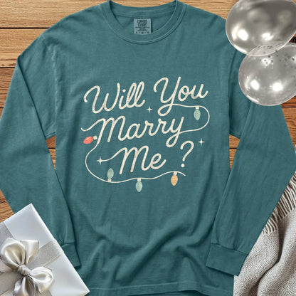 Will You Marry Me? (Christmas Lights) - Premium Christmas Proposal Long Sleeve T-Shirt - Blue Spruce