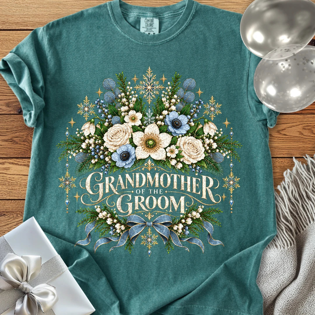 Grandmother of the Groom - Premium Winter Botanical Wedding T-Shirt - Blue Spruce