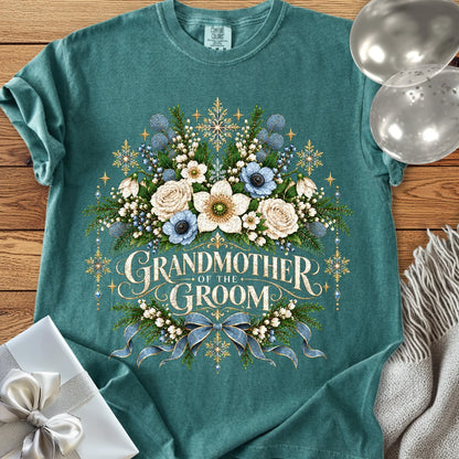 Grandmother of the Groom - Premium Winter Botanical Wedding T-Shirt - Blue Spruce