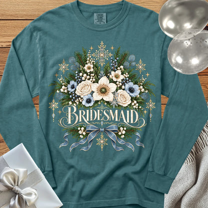 Bridesmaid - Premium Winter Botanical Wedding Long Sleeve T-Shirt - Blue Spruce