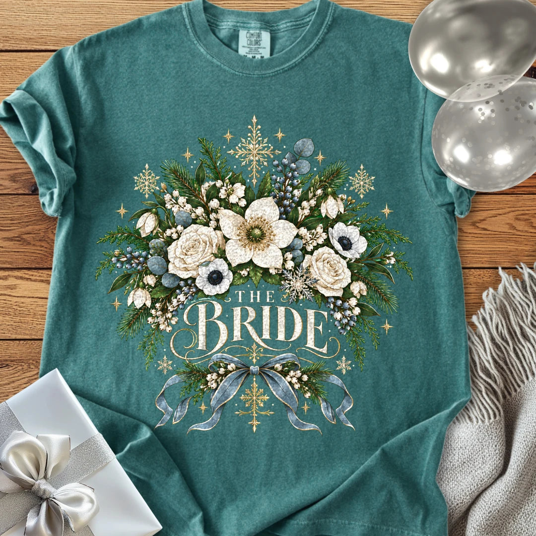 The Bride - Premium Winter Botanical Wedding T-Shirt - Blue Spruce