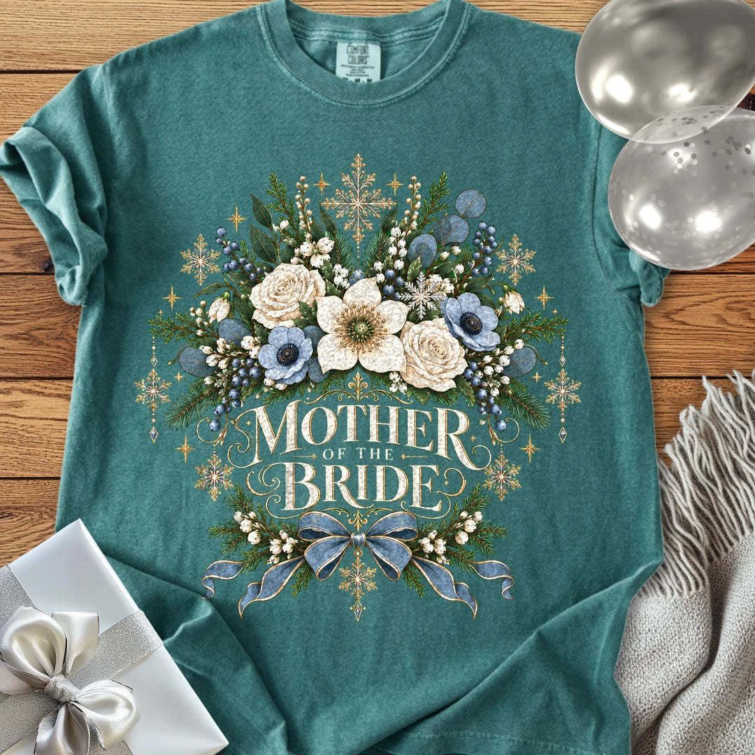 Mother of the Bride - Premium Winter Botanical Wedding T-Shirt - Blue Spruce