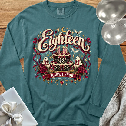 Eighteen - Scary, I Know - Premium Halloween 18th Birthday Long Sleeve T-Shirt - Blue Spruce
