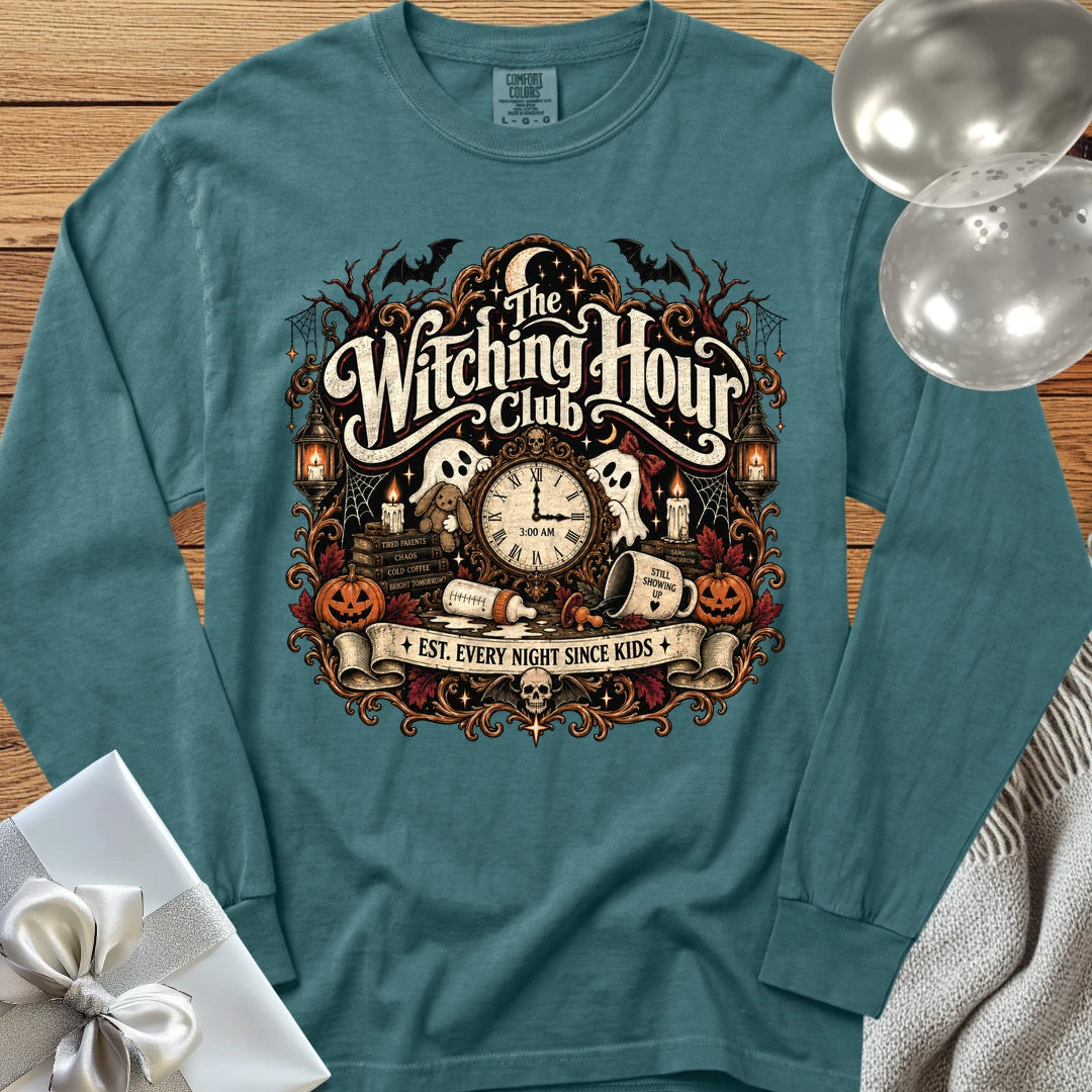 Witching Hour Club, Est. Every Night Since Kids - Premium Halloween Parenting Long Sleeve T-Shirt - Blue Spruce