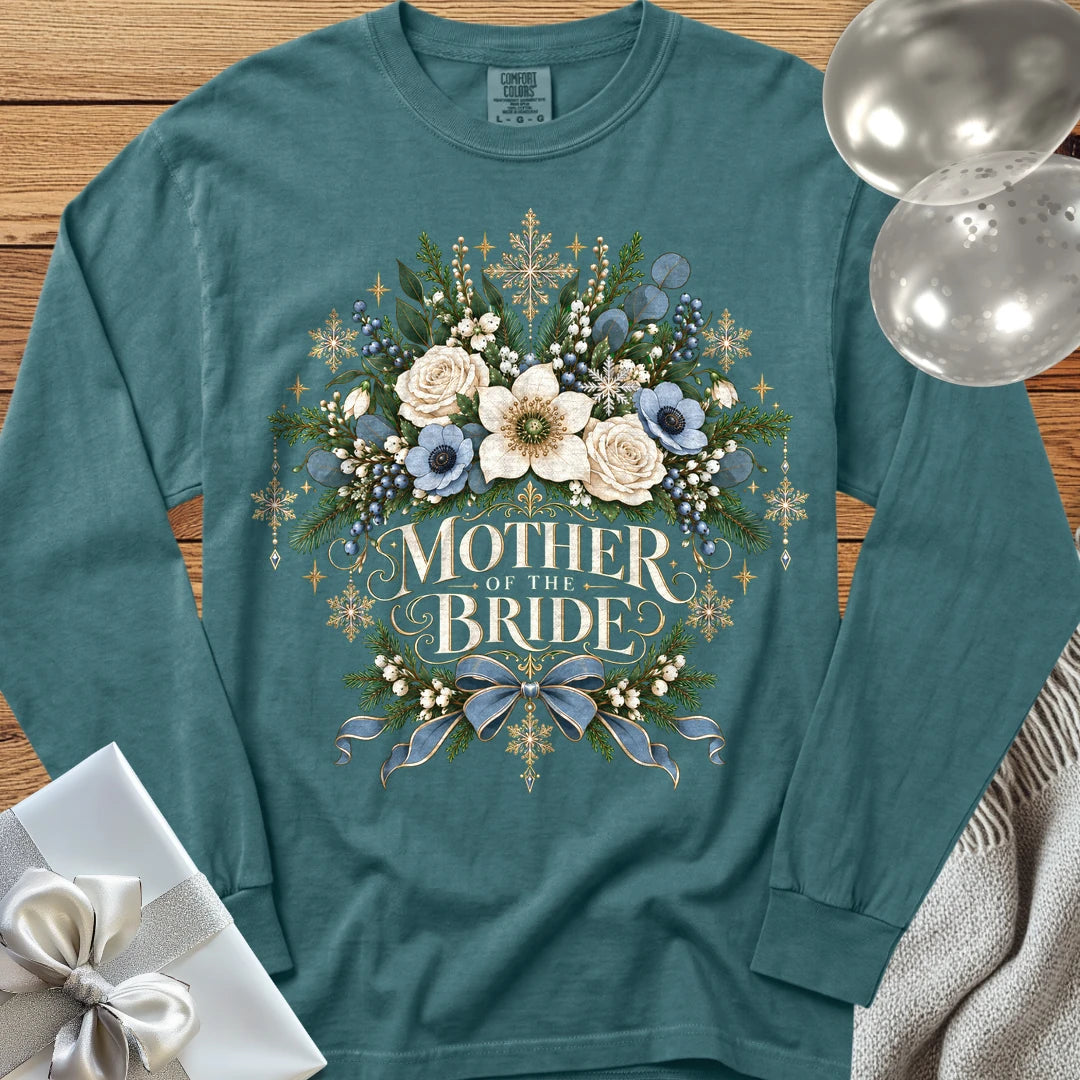 Mother of the Bride - Premium Winter Botanical Wedding Long Sleeve T-Shirt - Blue Spruce