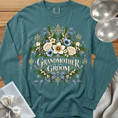 Grandmother of the Groom - Premium Winter Botanical Wedding Long Sleeve T-Shirt - Blue Spruce