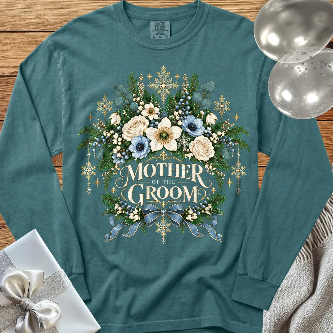 Mother of the Groom - Premium Winter Botanical Wedding Long Sleeve T-Shirt - Blue Spruce