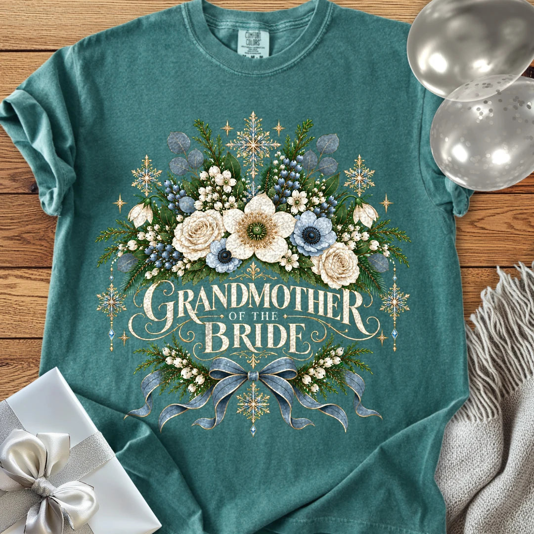 Grandmother of the Bride - Premium Winter Botanical Wedding T-Shirt - Blue Spruce