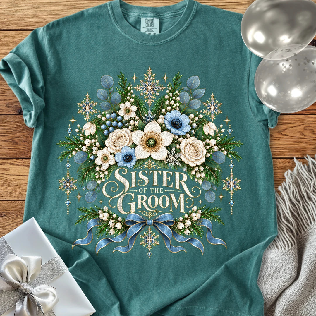 Sister of the Groom - Premium Winter Botanical Wedding T-Shirt - Blue Spruce