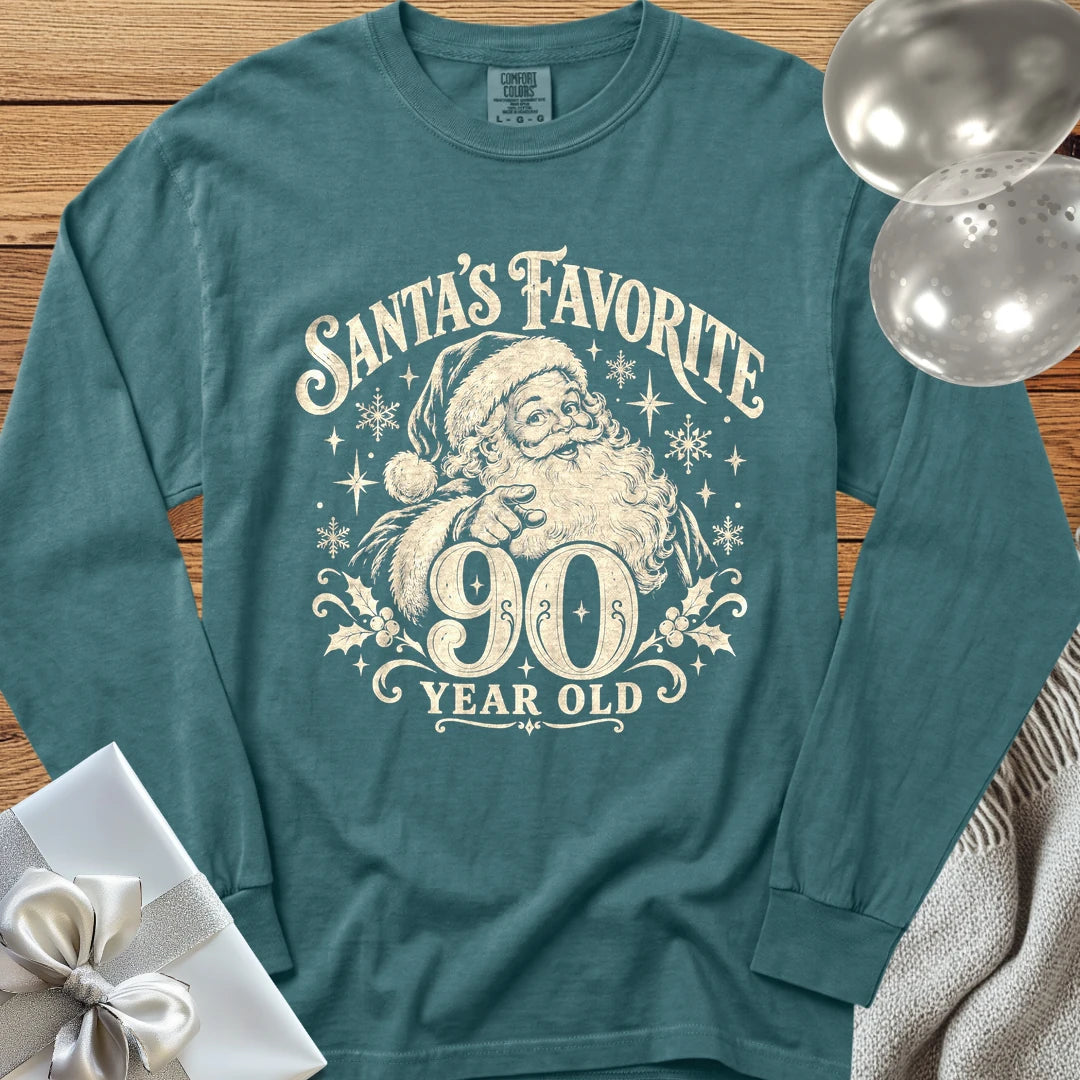 Santa’s Favorite 90-Year-Old - Premium Christmas 90th Birthday Long Sleeve T-Shirt - Blue Spruce