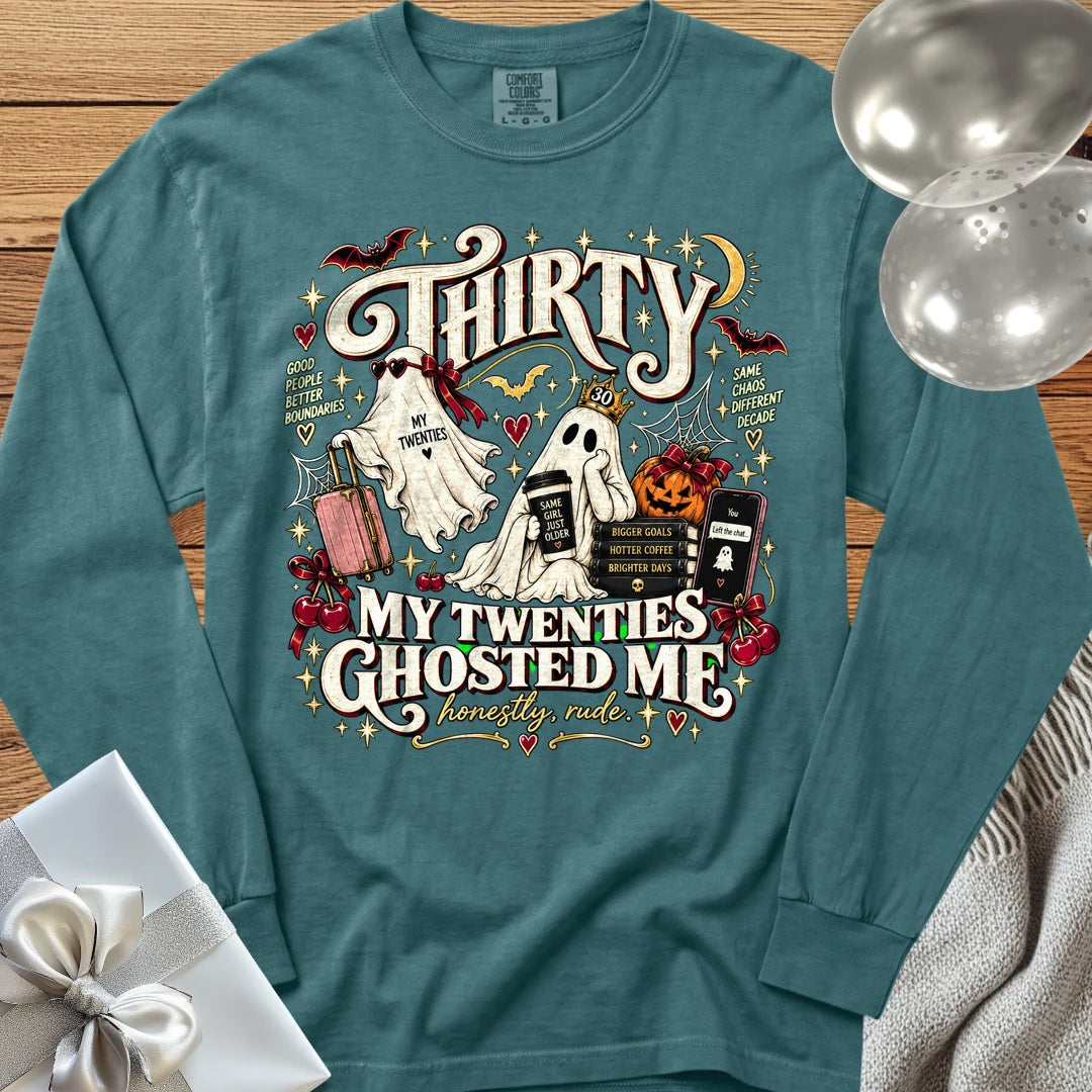 Thirty, My Twenties Ghosted Me - Premium Halloween 30th Birthday Long Sleeve T-Shirt - Blue Spruce