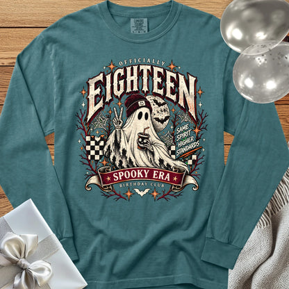 Officially Eighteen, Spooky Era - Premium Halloween 18th Birthday Long Sleeve T-Shirt - Blue Spruce