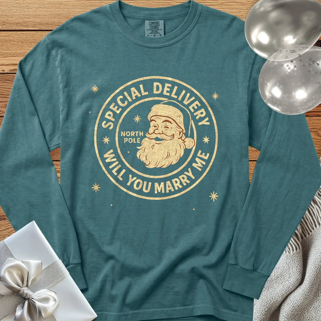 Special Delivery North Pole, Will You Marry Me? - Premium Christmas Proposal Long Sleeve T-Shirt - Blue Spruce