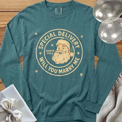 Special Delivery North Pole, Will You Marry Me? - Premium Christmas Proposal Long Sleeve T-Shirt - Blue Spruce