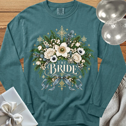 The Bride - Premium Winter Botanical Wedding Long Sleeve T-Shirt - Blue Spruce