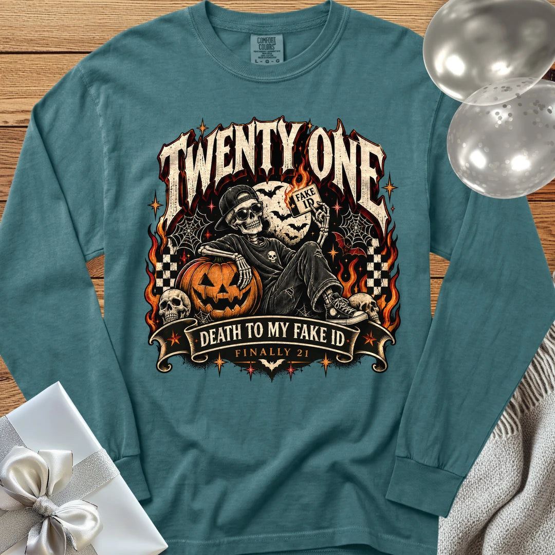 Twenty One: Death to My Fake ID - Premium Halloween 21st Birthday Long Sleeve T-Shirt - Blue Spruce