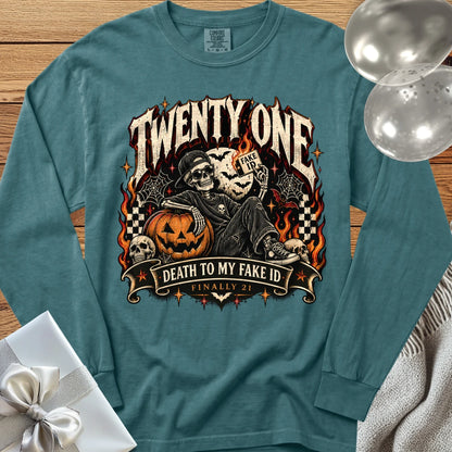 Twenty One: Death to My Fake ID - Premium Halloween 21st Birthday Long Sleeve T-Shirt - Blue Spruce