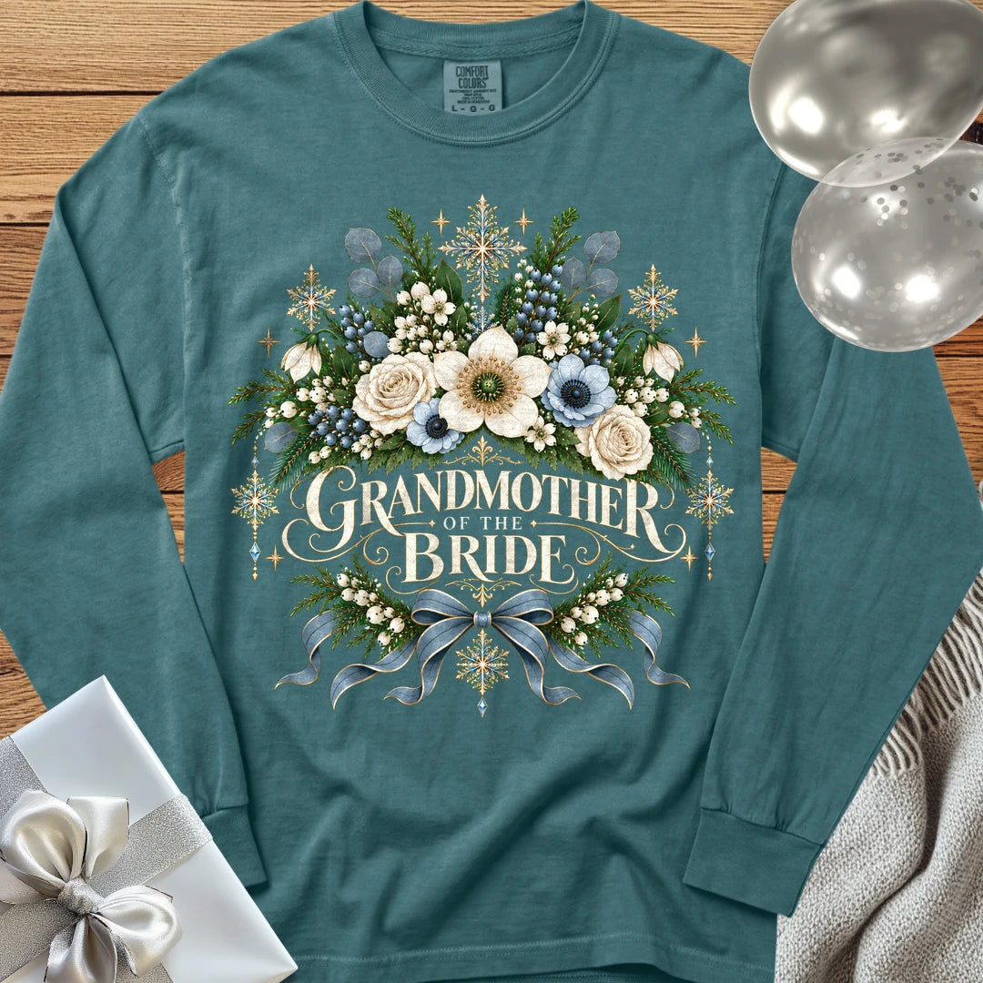 Grandmother of the Bride - Premium Winter Botanical Wedding Long Sleeve T-Shirt - Blue Spruce