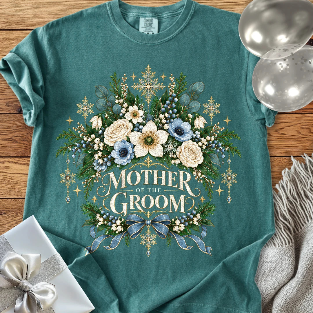 Mother of the Groom - Premium Winter Botanical Wedding T-Shirt - Blue Spruce