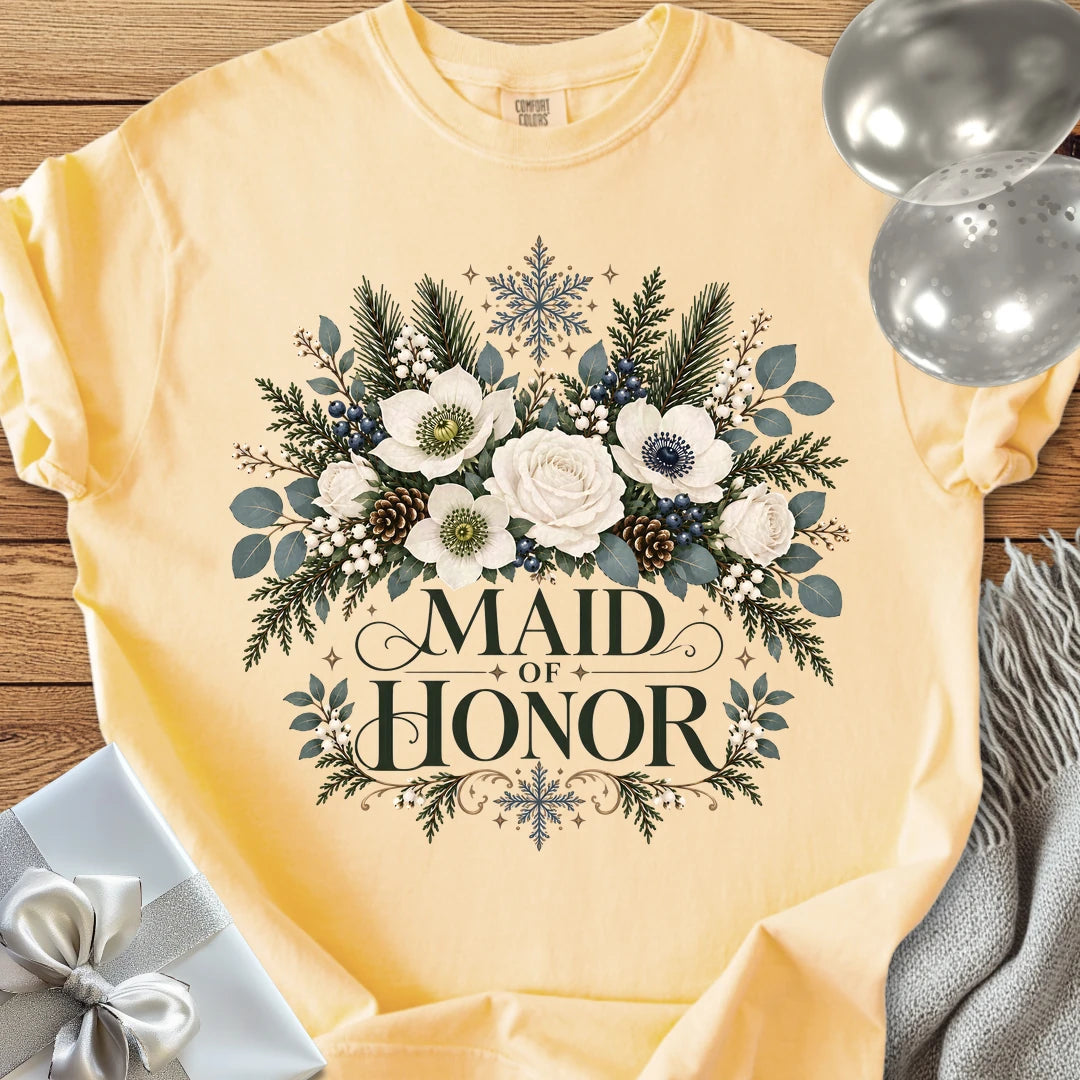 Maid of Honor - Premium Winter Bouquet Wedding T-Shirt - Butter