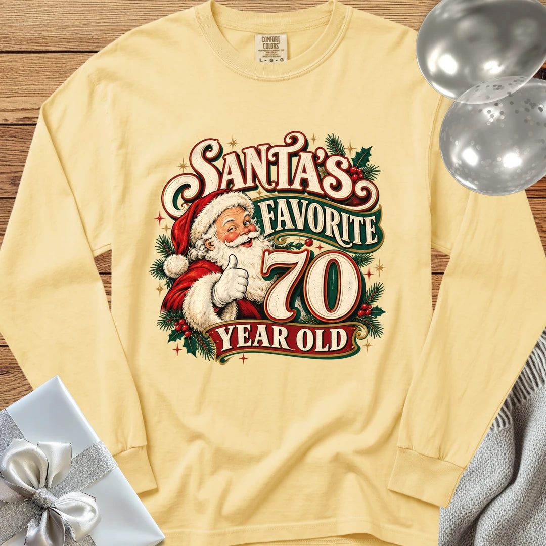 Santa’s Favorite 70 Year Old - Premium Christmas 70th Birthday Long Sleeve T-Shirt - Butter