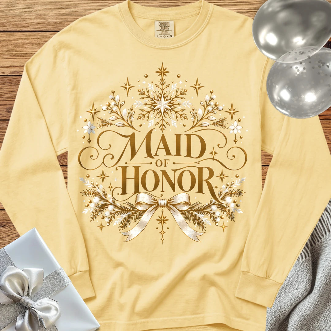 Maid of Honor - Premium Winter Sparkle Wedding Long Sleeve T-Shirt - Butter