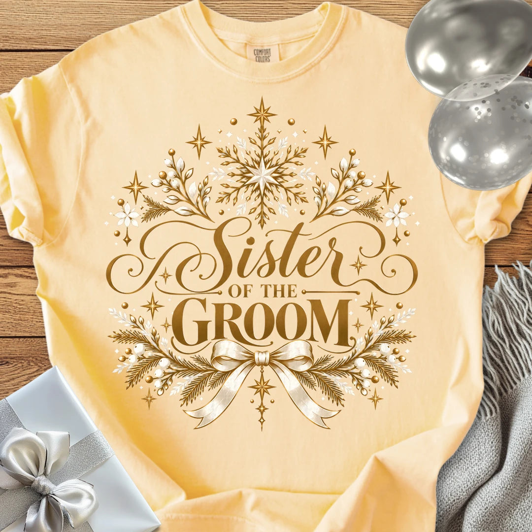 Sister of the Groom - Premium Winter Sparkle Wedding T-Shirt - Butter