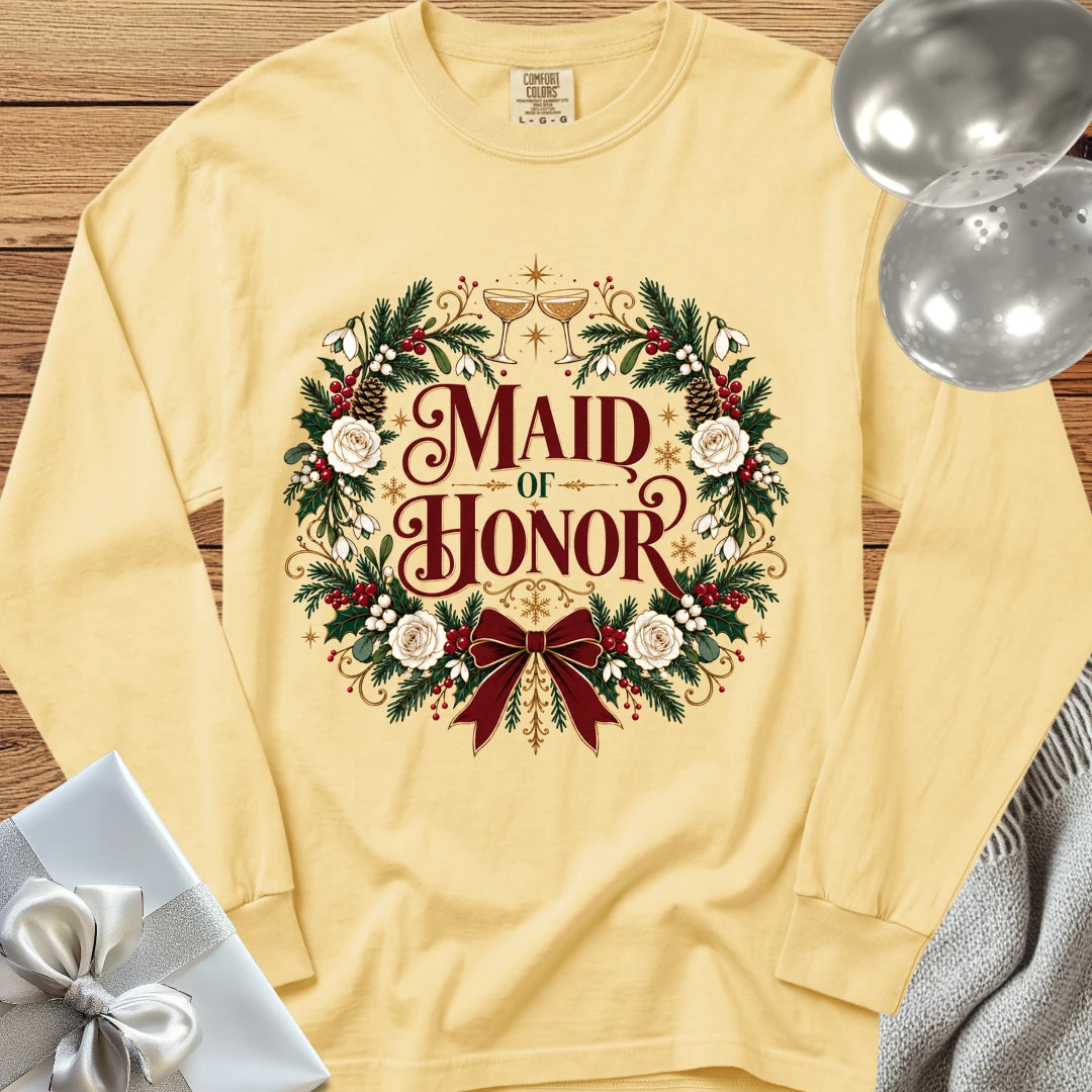 Maid of Honor - Premium Winter Crest Wedding Long Sleeve T-Shirt - Butter