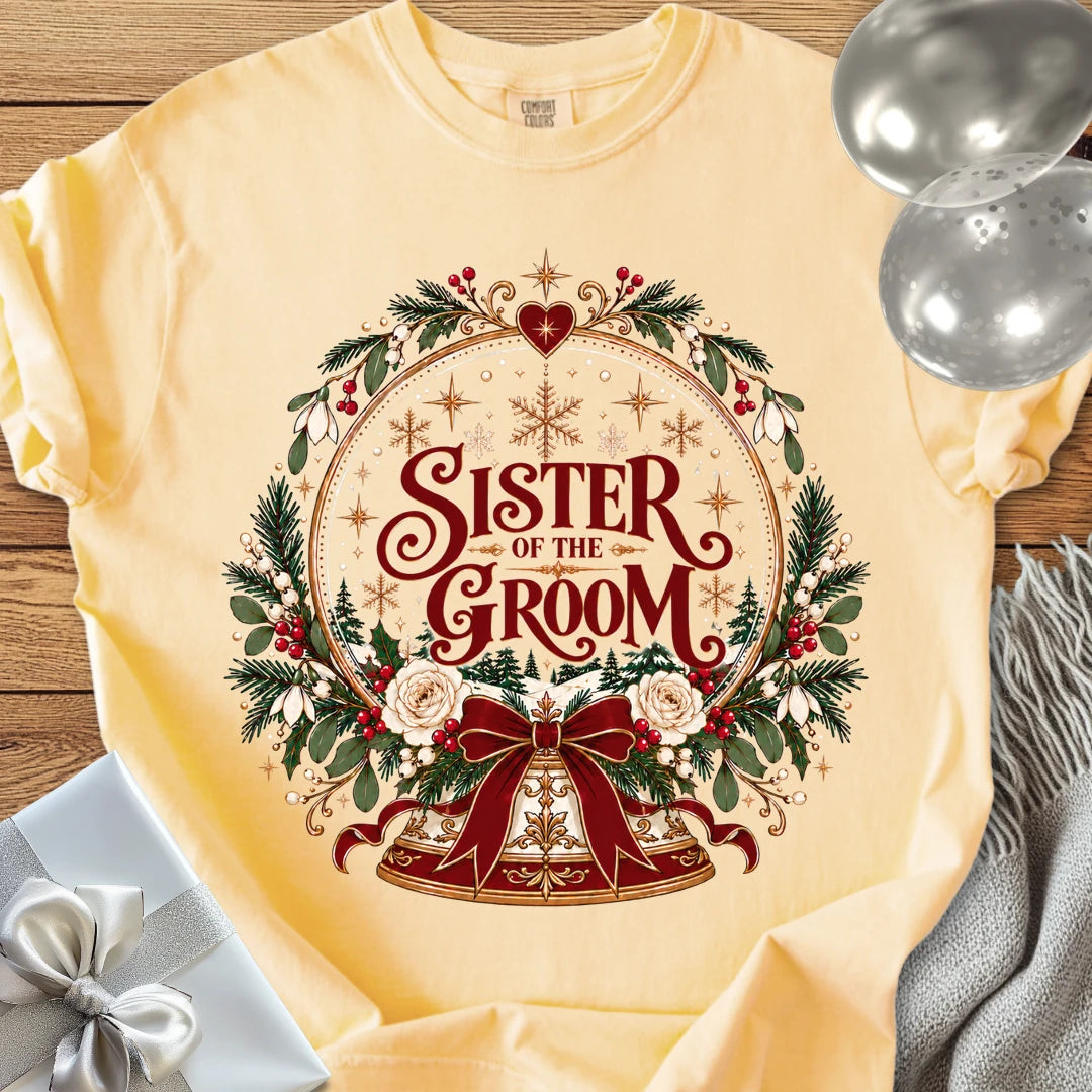 Sister of the Groom - Premium Snowglobe Wedding T-Shirt - Butter