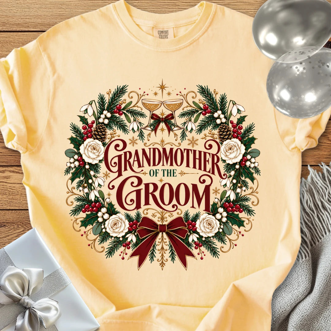 Grandmother of the Groom - Premium Winter Crest Wedding T-Shirt - Butter