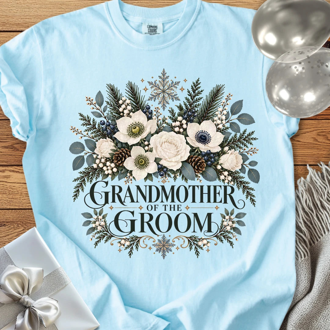 Grandmother of the Groom - Premium Winter Bouquet Wedding T-Shirt - Chambray