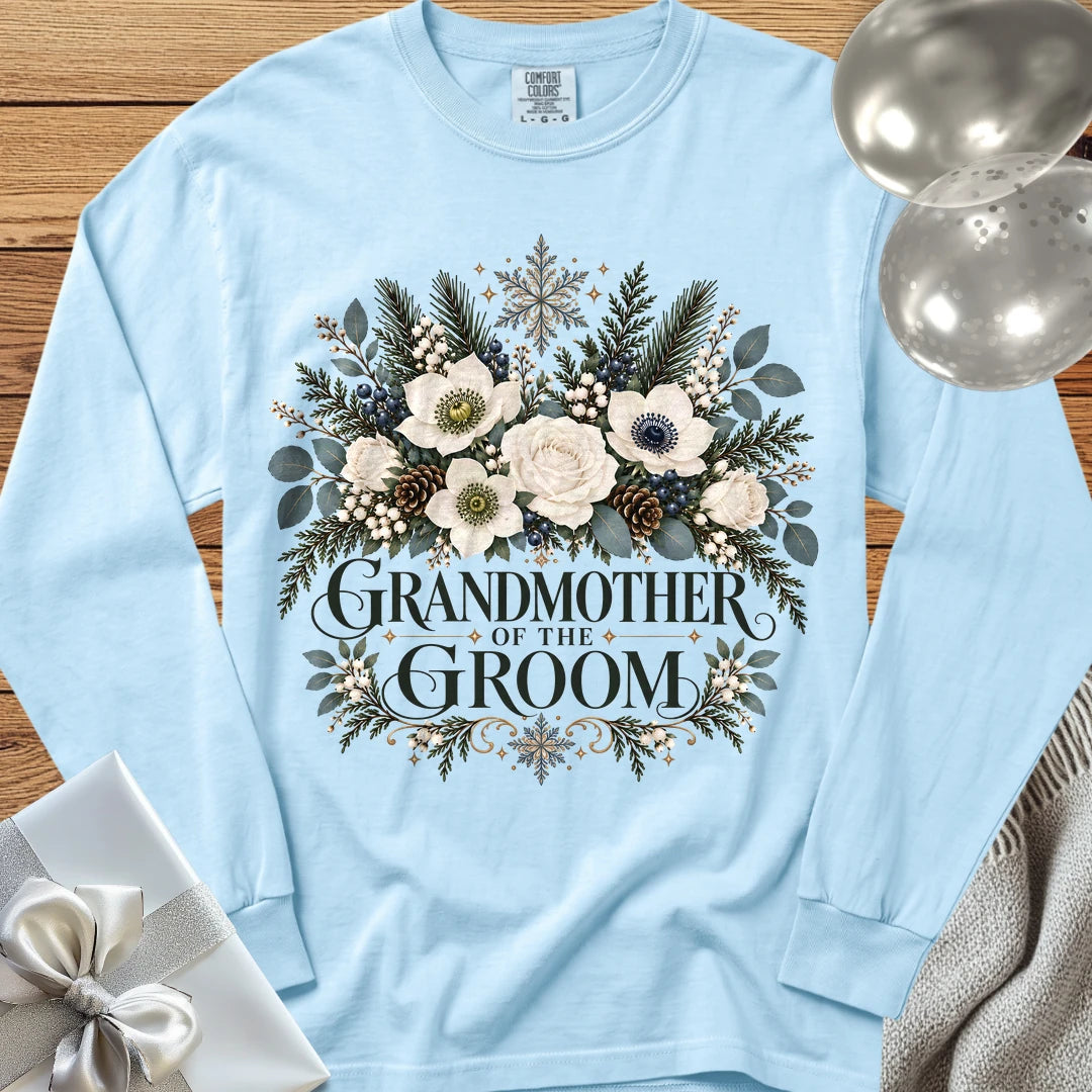 Grandmother of the Groom - Premium Winter Bouquet Wedding Long Sleeve T-Shirt - Chambray
