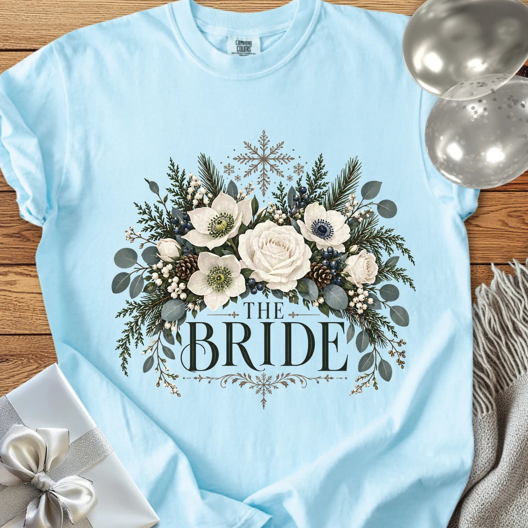 Bride - Premium Winter Bouquet Wedding T-Shirt - Chambray