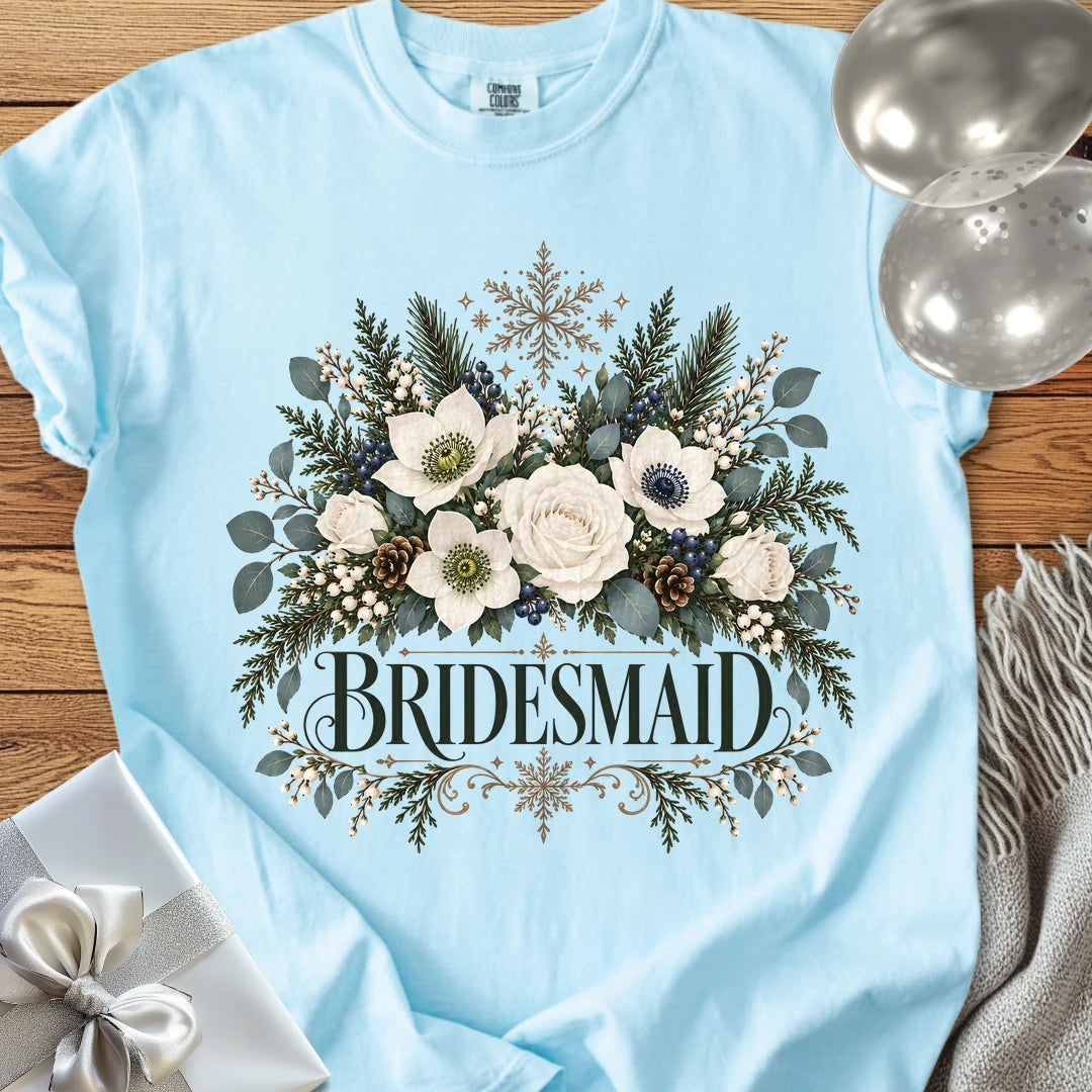 Bridesmaid - Premium Winter Bouquet Wedding T-Shirt - Chambray