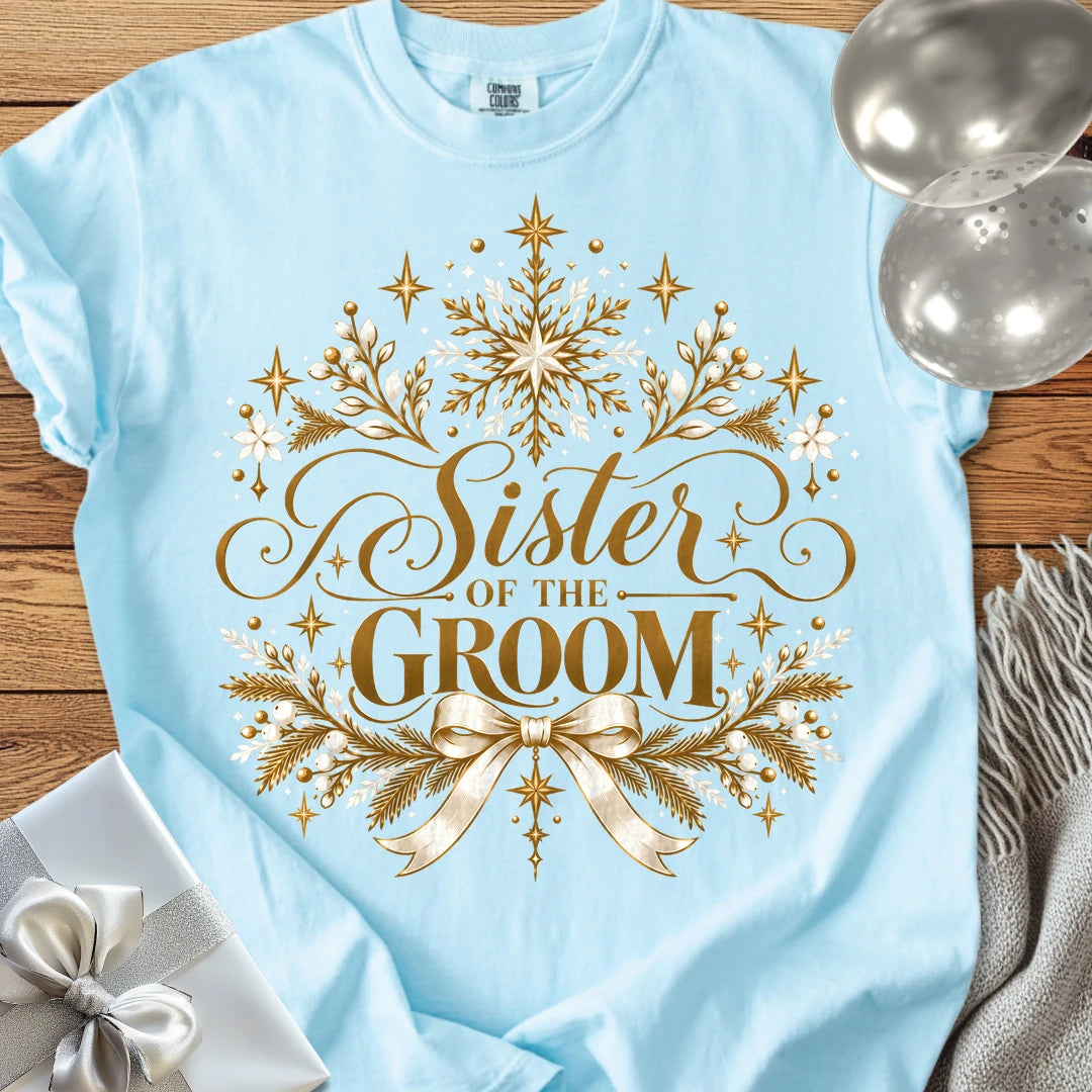 Sister of the Groom - Premium Winter Sparkle Wedding T-Shirt - Chambray