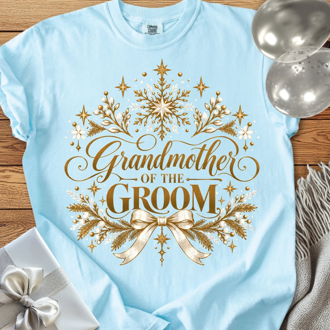 Grandmother of the Groom - Premium Winter Sparkle Wedding T-Shirt - Chambray