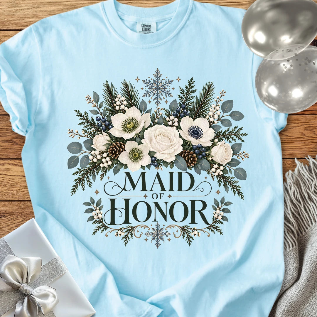 Maid of Honor - Premium Winter Bouquet Wedding T-Shirt - Chambray