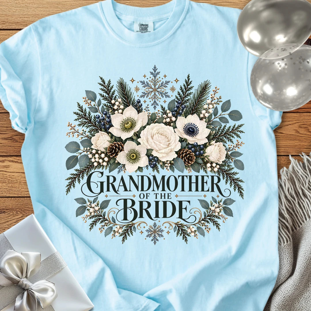 Grandmother of the Bride - Premium Winter Bouquet Wedding T-Shirt - Chambray