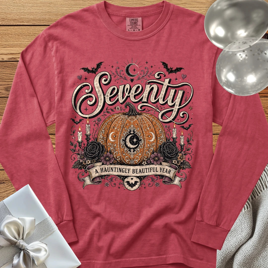 Seventy, A Hauntingly Beautiful Year - Premium Halloween 70th Birthday Long Sleeve T-Shirt - Crimson