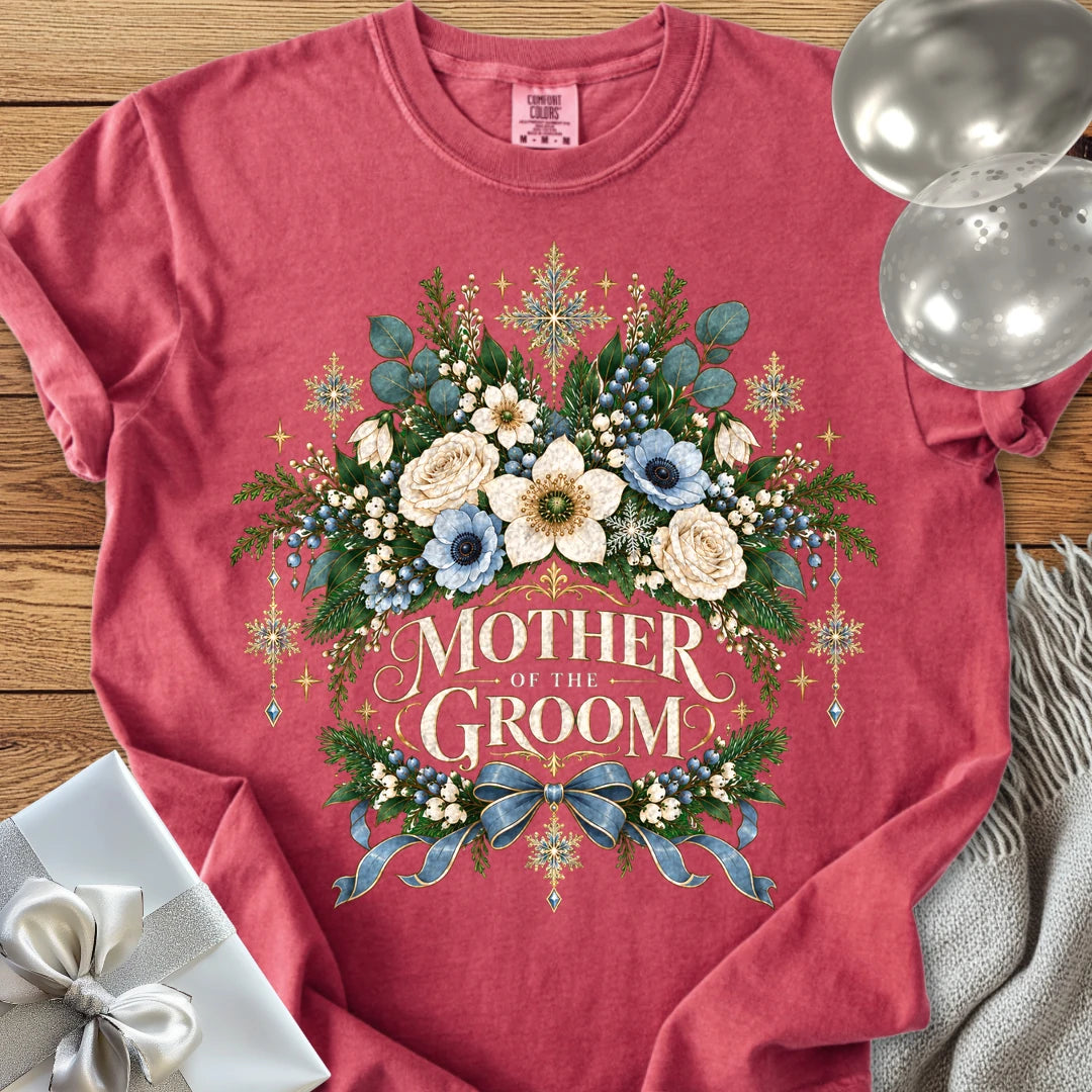 Mother of the Groom - Premium Winter Botanical Wedding T-Shirt - Crimson