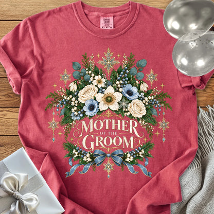 Mother of the Groom - Premium Winter Botanical Wedding T-Shirt - Crimson