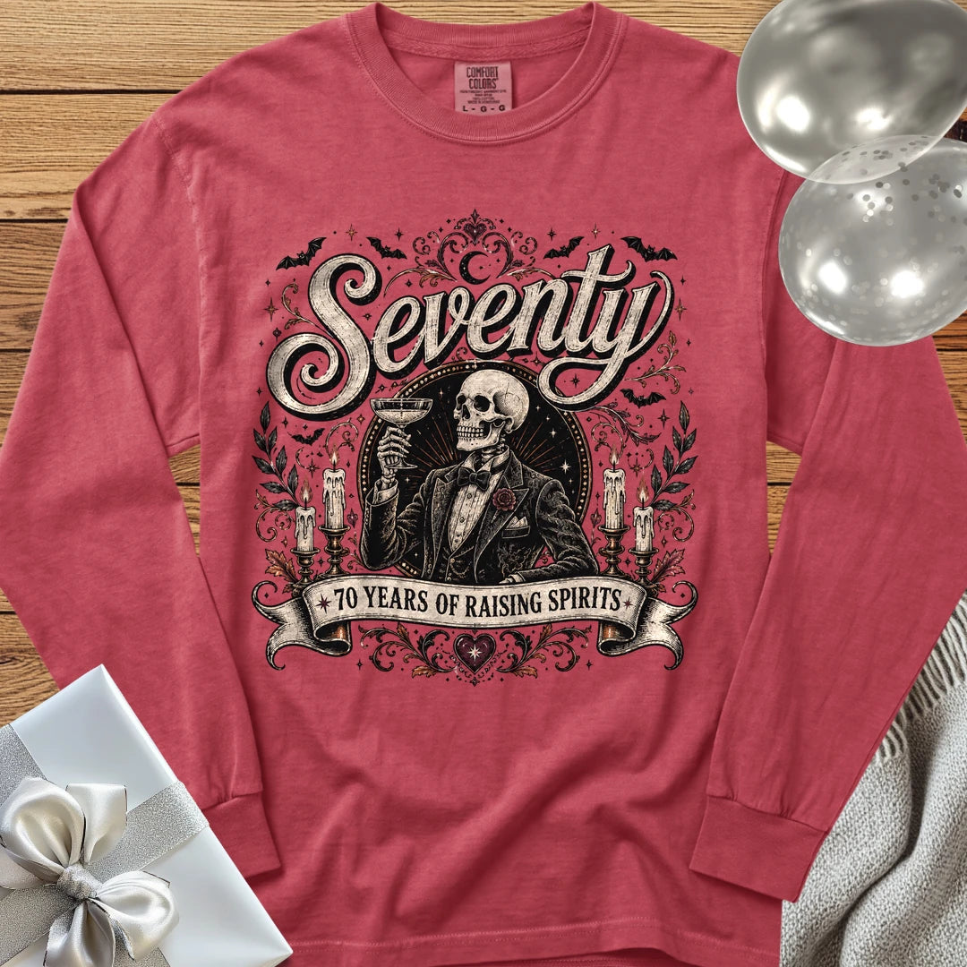 Seventy: 70 Years of Raising Spirits - Premium Halloween 70th Birthday Long Sleeve T-Shirt - Crimson