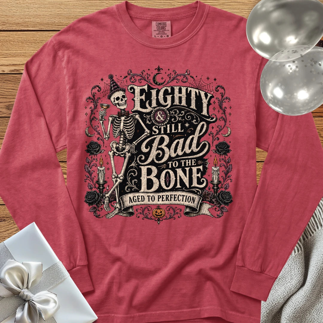Eighty & Still Bad to the Bone - Premium Halloween 80th Birthday Long Sleeve T-Shirt - Crimson