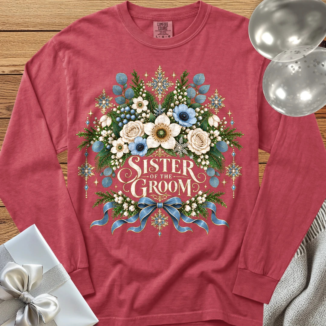 Sister of the Groom - Premium Winter Botanical Wedding Long Sleeve T-Shirt - Crimson