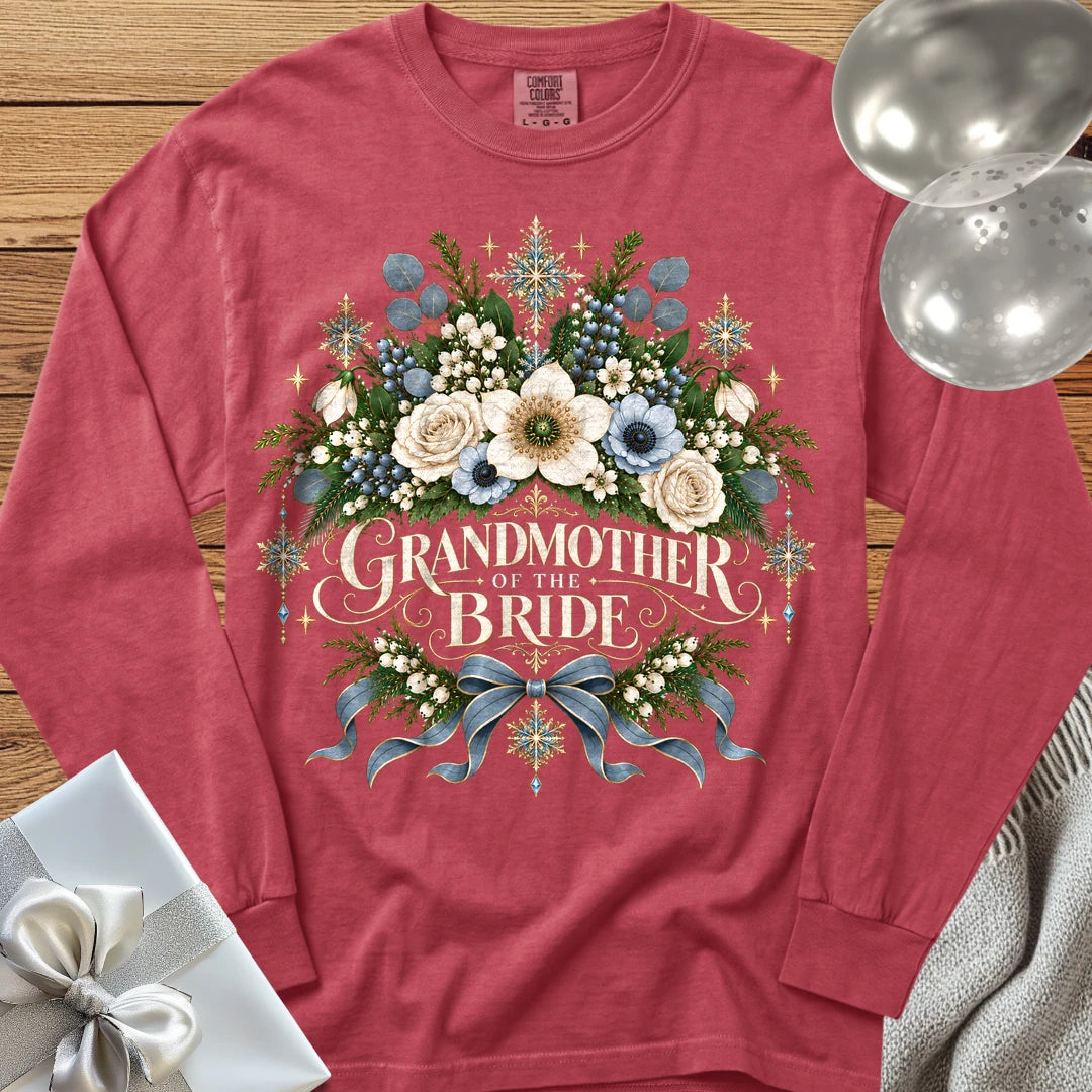 Grandmother of the Bride - Premium Winter Botanical Wedding Long Sleeve T-Shirt - Crimson