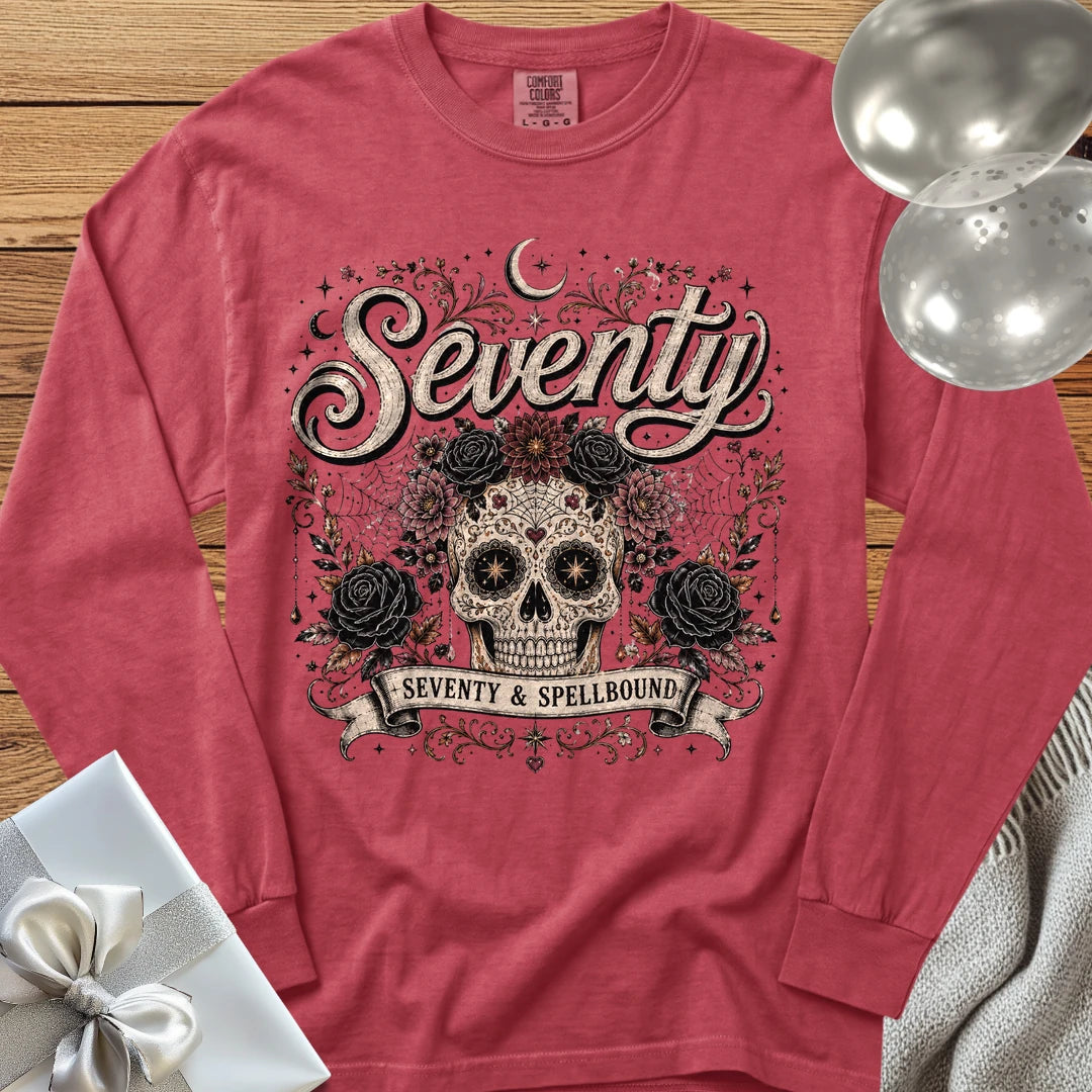 Seventy & Spellbound, Skull Edition - Premium Halloween 70th Birthday Long Sleeve T-Shirt - Crimson