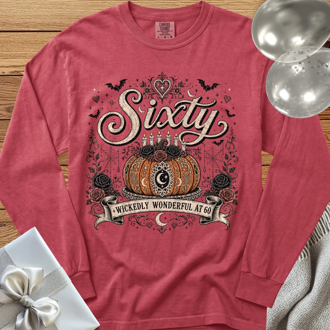 Sixty, Wickedly Wonderful at 60 - Premium Halloween 60th Birthday Long Sleeve T-Shirt - Crimson