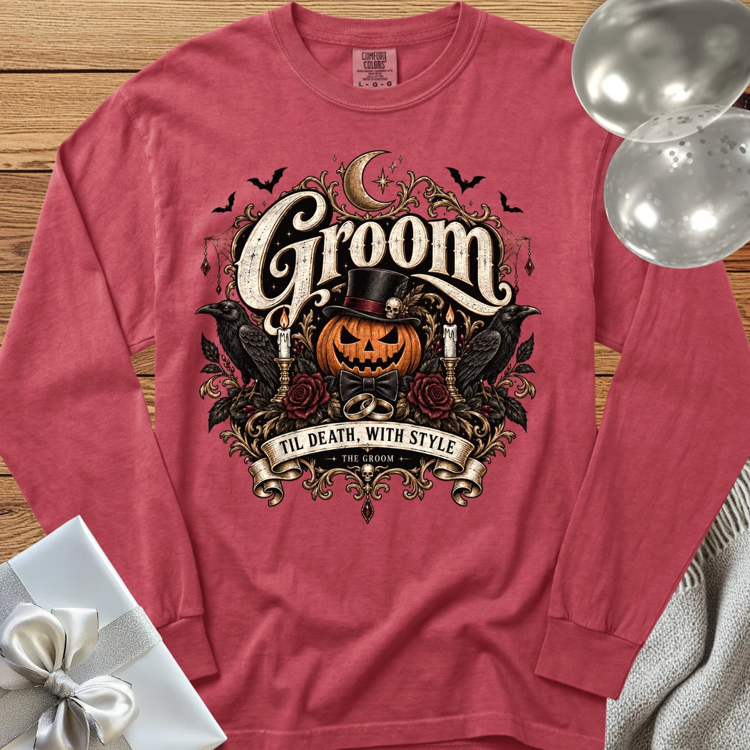 Groom - Premium Halloween Wedding Long Sleeve T-Shirt - Crimson