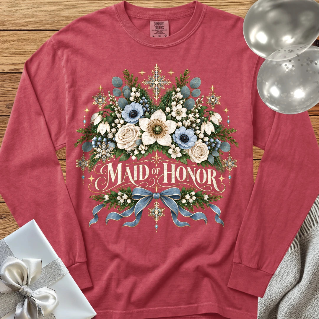 Maid of Honor - Premium Winter Botanical Wedding Long Sleeve T-Shirt - Crimson